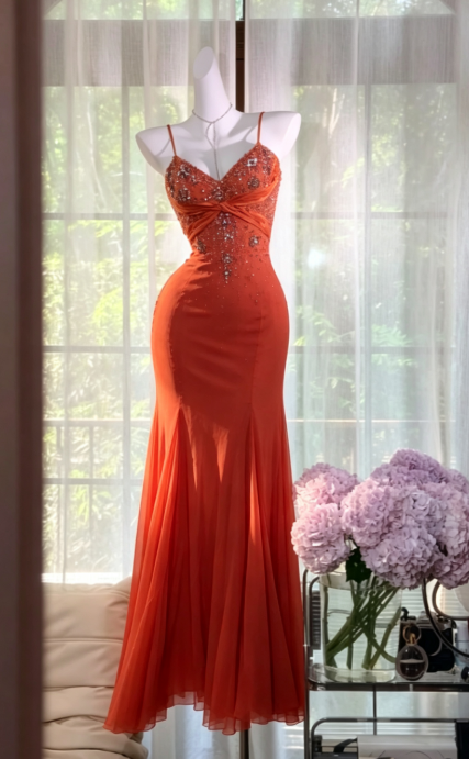 Élégante robe de bal longue orange, fourreau, en mousseline perlée, robe de soirée ED10010