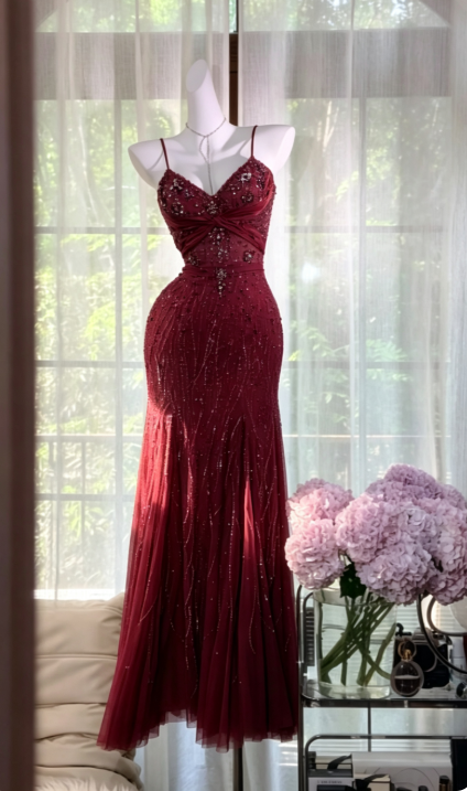 Chic Burgundy Long Prom Dress Sheath Chiffon Beaded Evening Dress  ED10011