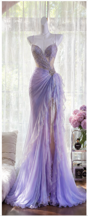 Chic Light Purple Long Prom Dress Sheath Chiffon Beaded Evening Dress ED10015