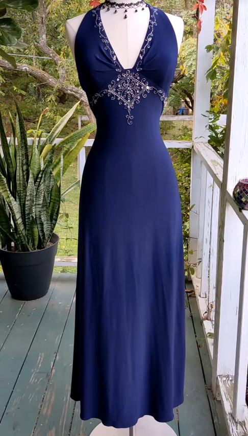 Elegant Navy Blue  Long Evening Dress Chiffon Sheath Prom Dress ED10020