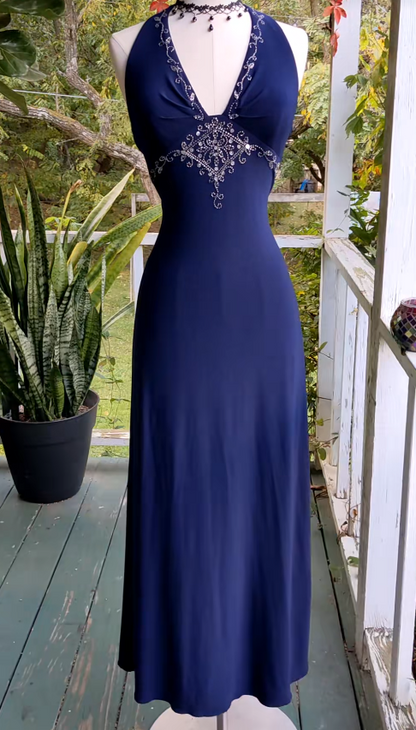 Elegant Navy Blue  Long Evening Dress Chiffon Sheath Prom Dress ED10020