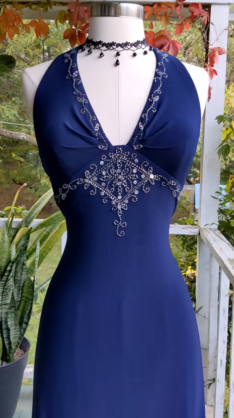 Elegant Navy Blue  Long Evening Dress Chiffon Sheath Prom Dress ED10020