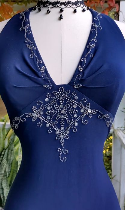 Elegant Navy Blue  Long Evening Dress Chiffon Sheath Prom Dress ED10020