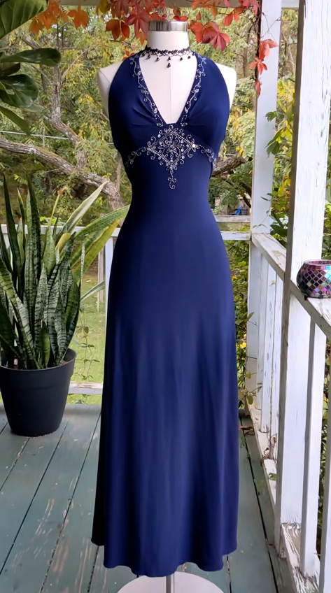 Elegant Navy Blue  Long Evening Dress Chiffon Sheath Prom Dress ED10020
