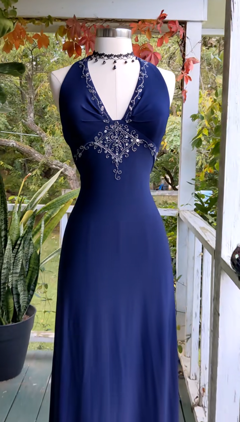 Elegant Navy Blue  Long Evening Dress Chiffon Sheath Prom Dress ED10020