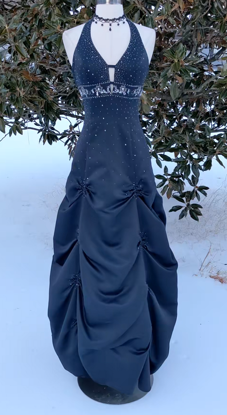 Elegantes langes Abendkleid marineblau Satin Perlen A-Linie Ballkleid ED10027