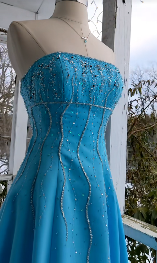 Elegant Blue Long Evening Dress Satin Beaded A-Line Prom Dress ED10028