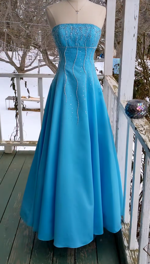 Elegant Blue Long Evening Dress Satin Beaded A-Line Prom Dress ED10028