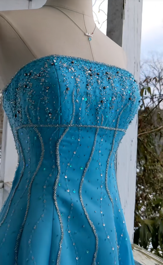 Elegant Blue Long Evening Dress Satin Beaded A-Line Prom Dress ED10028