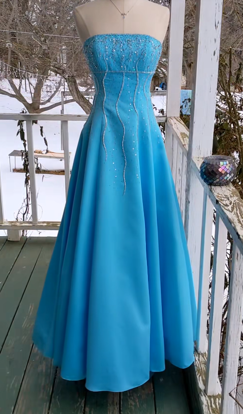 Elegant Blue Long Evening Dress Satin Beaded A-Line Prom Dress ED10028
