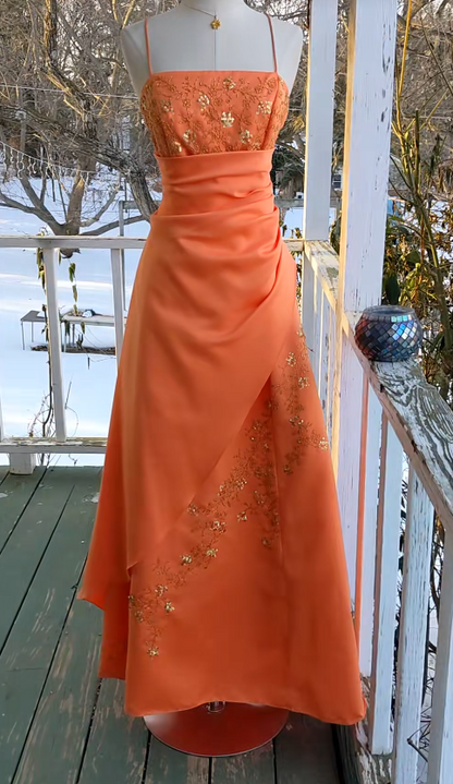 Elegant Orange Long Evening Dress Satin Beaded A-Line Prom Dress ED10029