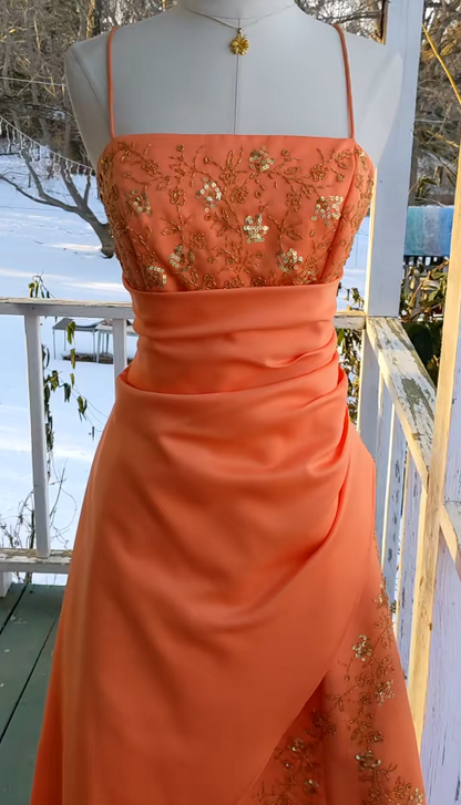Elegant Orange Long Evening Dress Satin Beaded A-Line Prom Dress ED10029