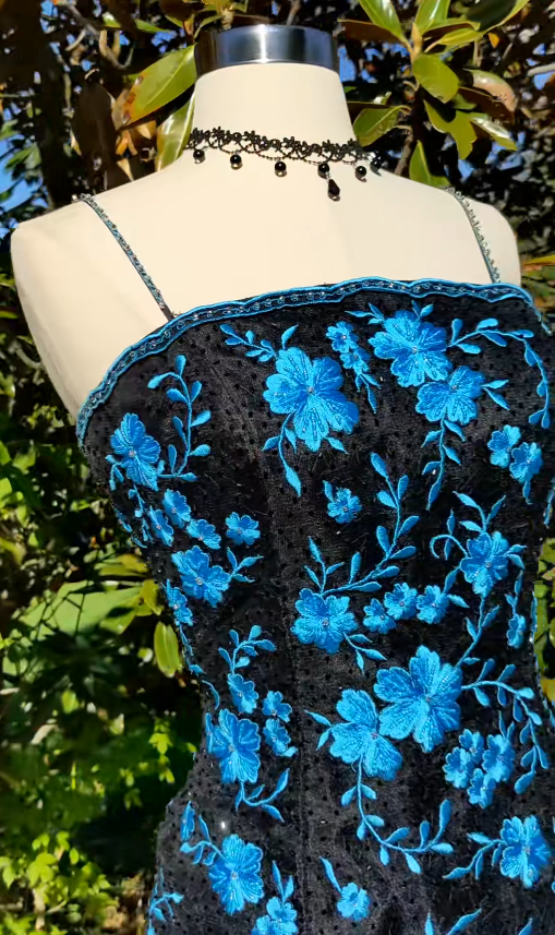 Elegant Blue Long Evening Dress Tulle Embroidery Sheath Prom Dress ED10034
