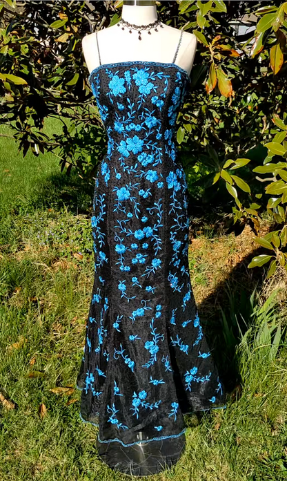 Elegant Blue Long Evening Dress Tulle Embroidery Sheath Prom Dress ED10034