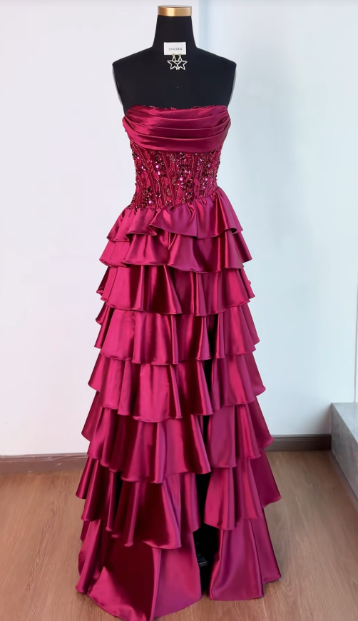 Élégante Robe de Soirée Longue Bordeaux en Satin Fourreau Robe de Bal ED10036
