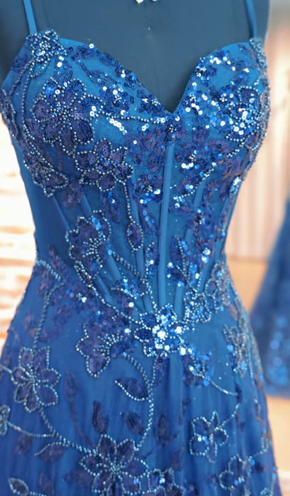 Elegantes marineblaues langes Abendkleid Tüll bestickt A-Linie Ballkleid ED10037