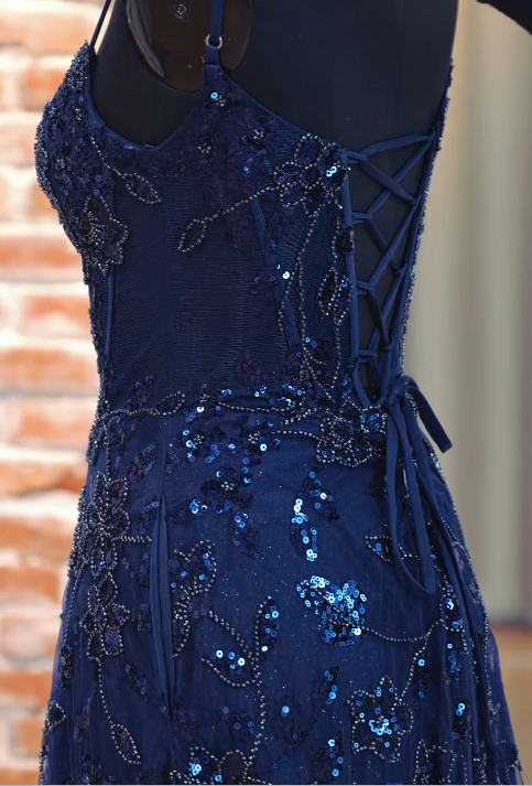 Elegantes marineblaues langes Abendkleid Tüll bestickt A-Linie Ballkleid ED10037