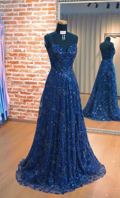 Elegantes marineblaues langes Abendkleid Tüll bestickt A-Linie Ballkleid ED10037