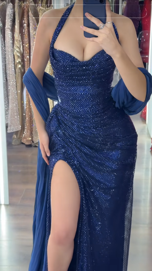 Elegant Blue Long Evening Dress Tulle Diamonds Sheath Slit Prom Dress ED10040