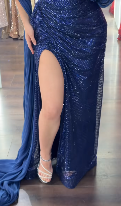 Elegant Blue Long Evening Dress Tulle Diamonds Sheath Slit Prom Dress ED10040
