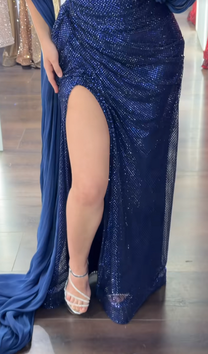 Elegant Blue Long Evening Dress Tulle Diamonds Sheath Slit Prom Dress ED10040