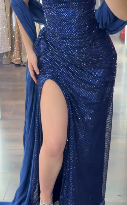 Elegant Blue Long Evening Dress Tulle Diamonds Sheath Slit Prom Dress ED10040