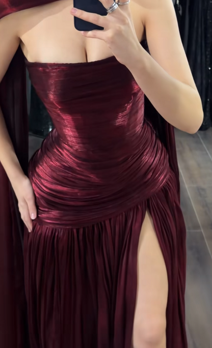 Élégante robe de soirée longue bordeaux en satin fourreau pour bal de promo ED10041