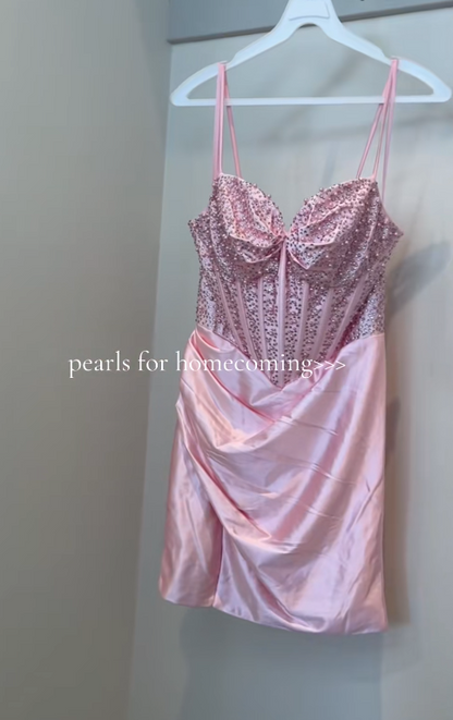 Pretty Pink Homecoming Dress Sheath Beaded Satin Birthday Party Dress ED10054