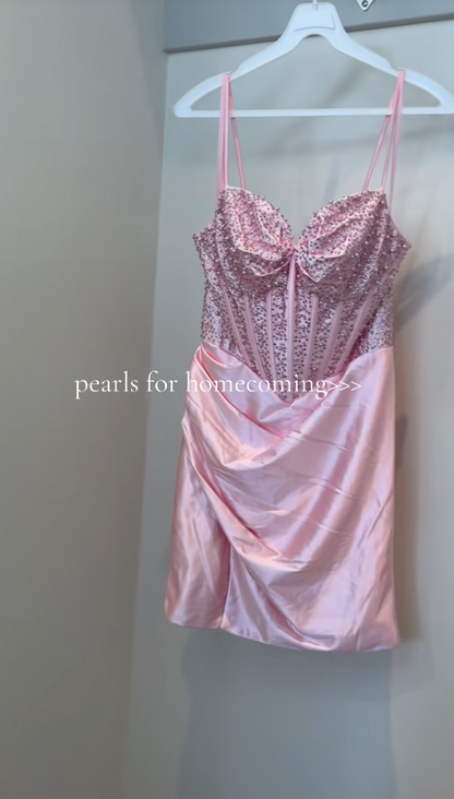 Pretty Pink Homecoming Dress Sheath Beaded Satin Birthday Party Dress ED10054