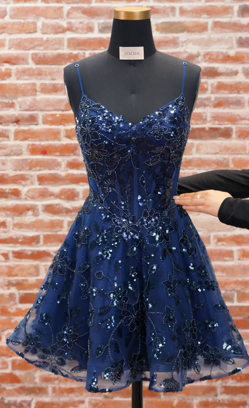 Jolie Robe de Bal Bleu Marine en Tulle Décorée de Perles pour Anniversaire ED10059