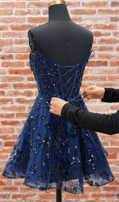 Jolie Robe de Bal Bleu Marine en Tulle Décorée de Perles pour Anniversaire ED10059