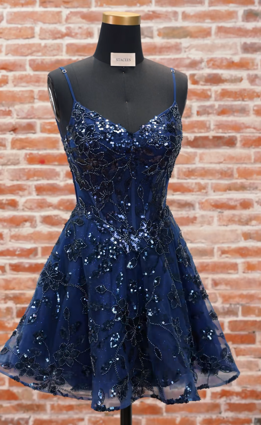 Jolie Robe de Bal Bleu Marine en Tulle Décorée de Perles pour Anniversaire ED10059