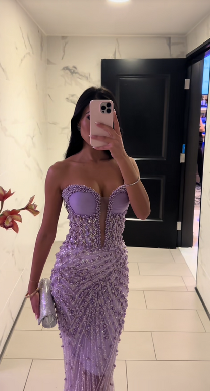 Glamours Purple Evening Dress Tulle Beaded Mermaid Prom Dress ED10088