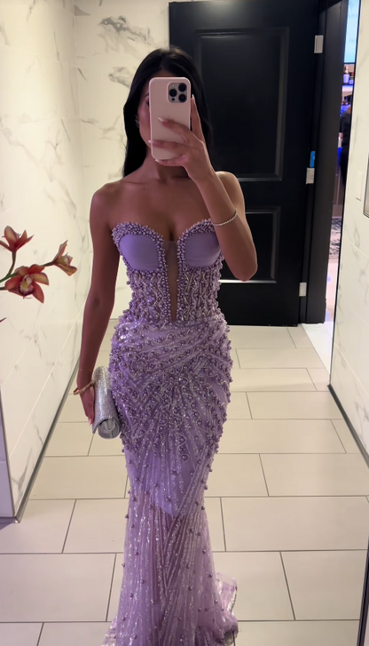 Glamours Purple Evening Dress Tulle Beaded Mermaid Prom Dress ED10088