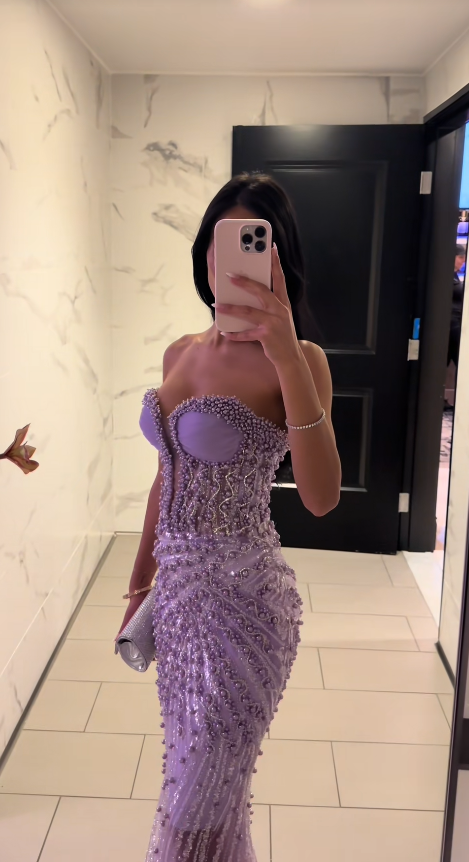 Glamours Purple Evening Dress Tulle Beaded Mermaid Prom Dress ED10088