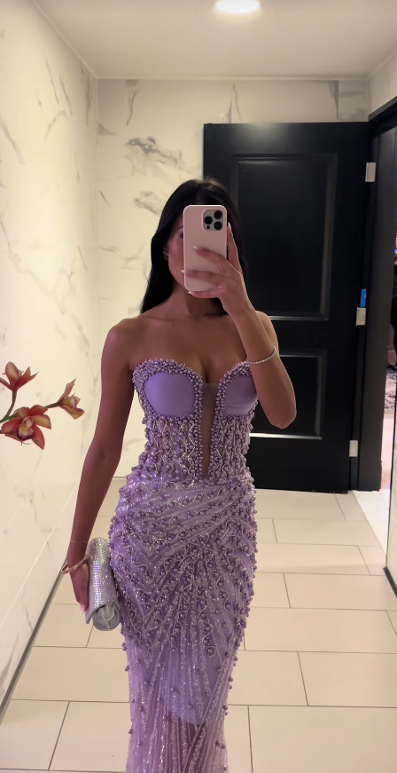 Glamours Purple Evening Dress Tulle Beaded Mermaid Prom Dress ED10088