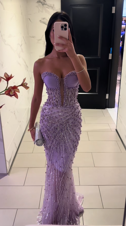 Glamours Purple Evening Dress Tulle Beaded Mermaid Prom Dress ED10088