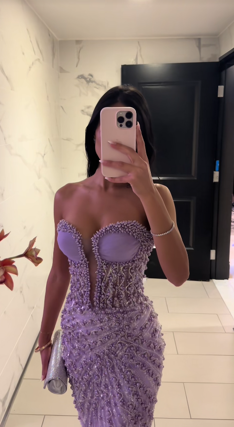Glamours Purple Evening Dress Tulle Beaded Mermaid Prom Dress ED10088