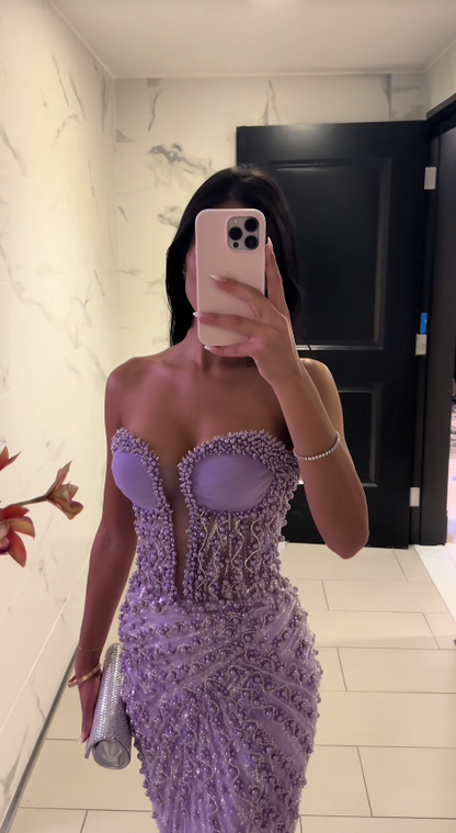 Glamours Purple Evening Dress Tulle Beaded Mermaid Prom Dress ED10088