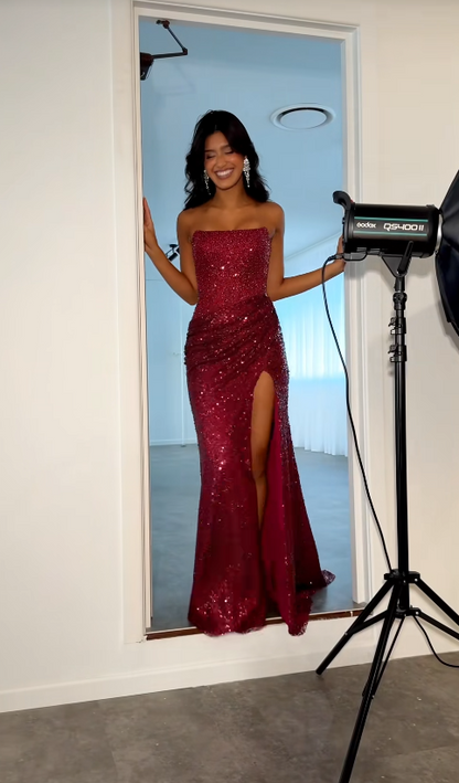 Glamours Burgundy Evening Dress Sheath Chiffon Prom Dress ED10090