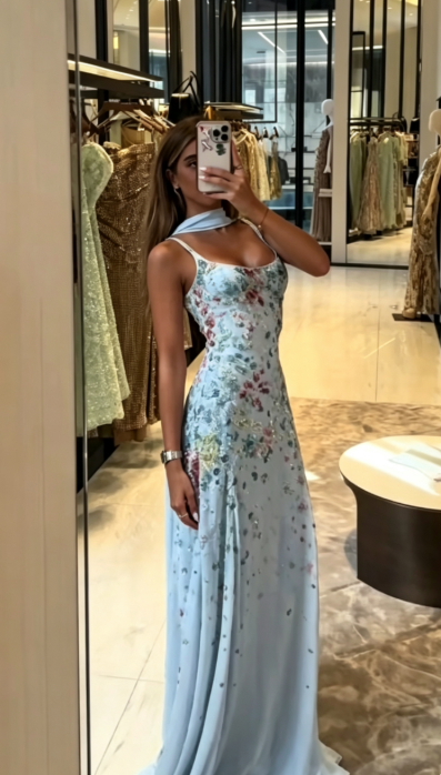 Glamours Blue Evening Dress Sheath Beaded Chiffon Prom Dress ED10091