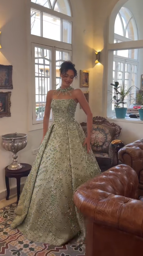 Glamours Green Evening Dress A-Line Beaded Satin Prom Dress ED10097