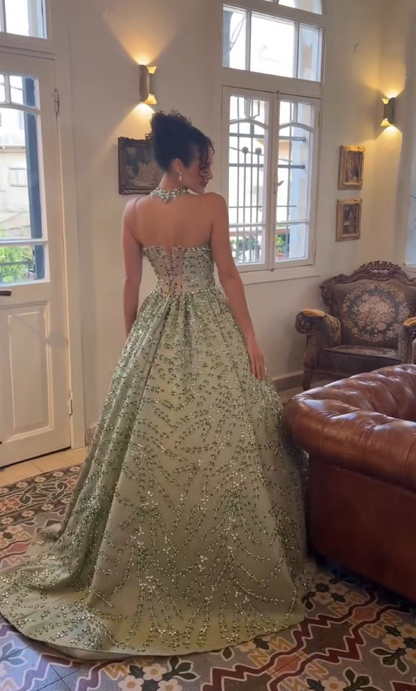 Glamours Green Evening Dress A-Line Beaded Satin Prom Dress ED10097