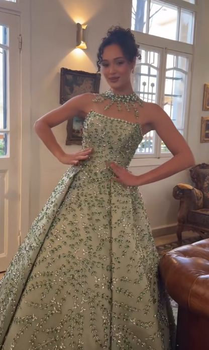 Glamours Green Evening Dress A-Line Beaded Satin Prom Dress ED10097