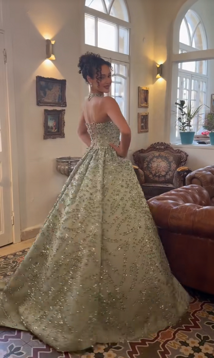 Glamours Green Evening Dress A-Line Beaded Satin Prom Dress ED10097