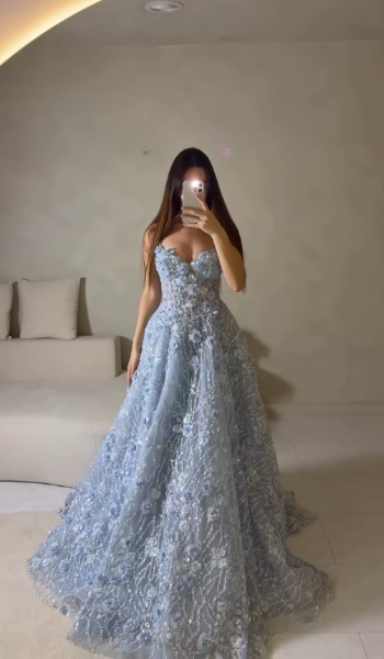 Glamours Pale Blue Evening Dress A-Line Tulle Beaded Prom Dress ED10099