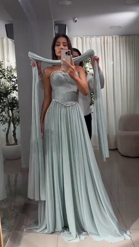 Robe de soirée moulante en mousseline de soie vert menthe Glamours, robe de bal ED10103