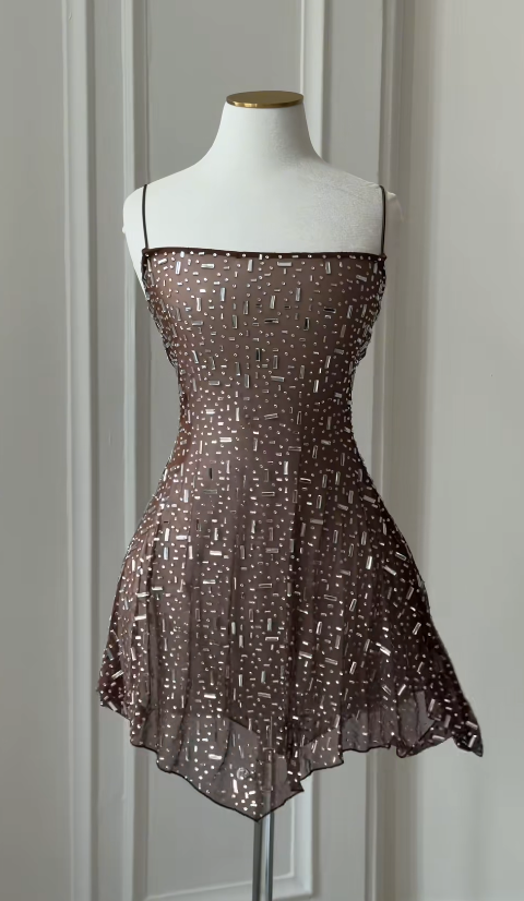Cute Brown Birthday Dress Sheath Chiffon Beaded Homecoming Dress ED10125