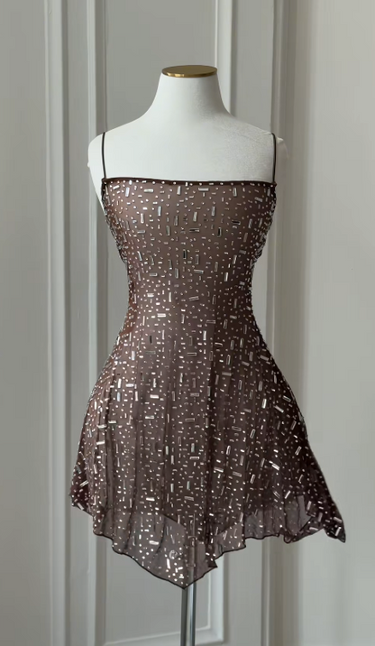 Cute Brown Birthday Dress Sheath Chiffon Beaded Homecoming Dress ED10125