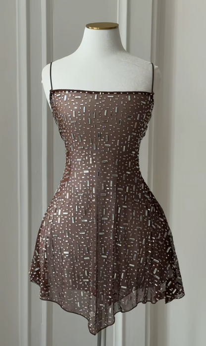 Cute Brown Birthday Dress Sheath Chiffon Beaded Homecoming Dress ED10125